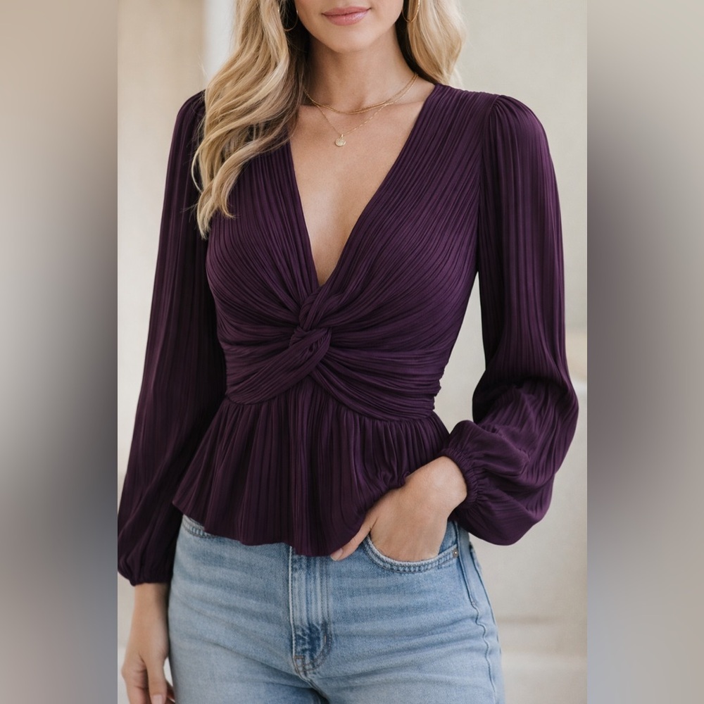 ASTR‎ the Label Plum Purple Plisse Pleated Knot Blouse Puff Shoulder Size Small